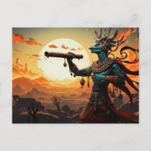 Kokopelli speelt fluit in rotsachtige heuvels van