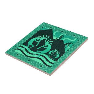 Kokopelli zuidwest turquoise en zwarte trivet tegeltje