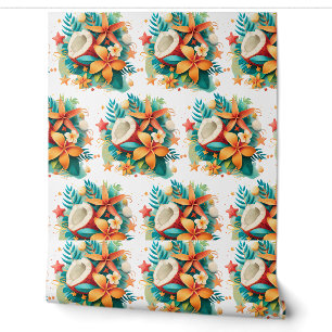 Kokosnoot met bloemen en schelpen behang