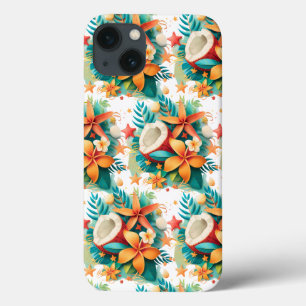 Kokosnoot met bloemen en schelpen iPhone 13 hoesje