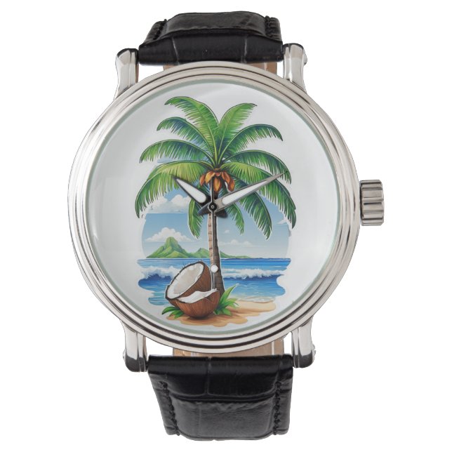 Kokosnootboom Tropisch Eiland Horloge (Voorkant)