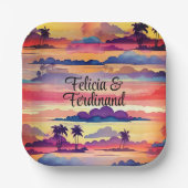 Kokospalm boom kleurrijke kust zonsondergang papieren bordje (Voorkant)