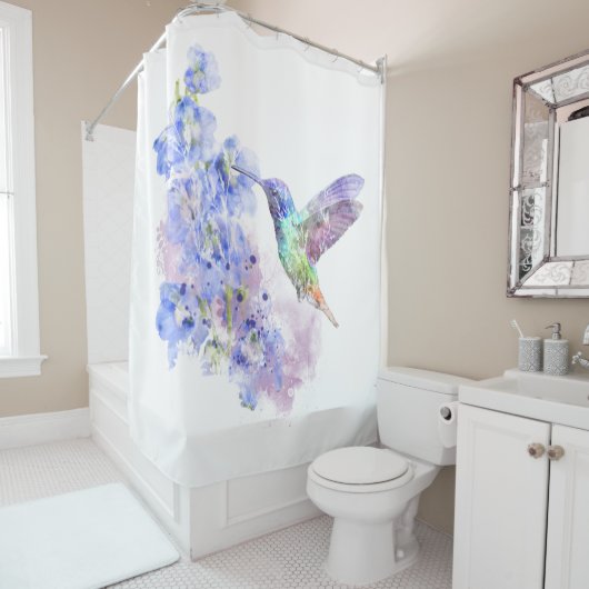 Kolibrie Blauwe Delphinium Bloem Douchegordijn (In situ)