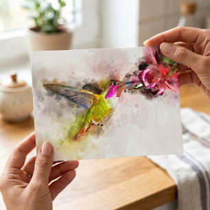 Kolibrie Drinkend uit Roze Bloem Aquarel Briefkaart