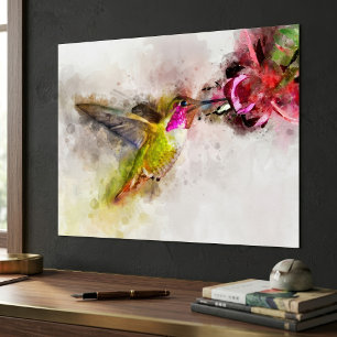 Kolibrie drinkend van Roze Bloem Aquarel Poster