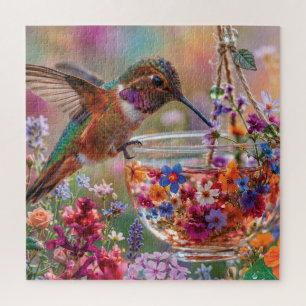 Kolibrie drinkt nectar uit bloemige theekop legpuzzel