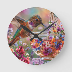 Kolibrie drinkt nectar uit bloemige theekop ronde klok
