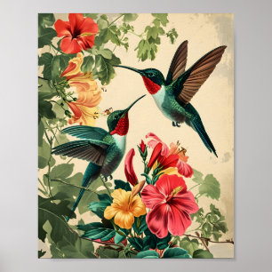 Kolibrie en bloemen:  poster