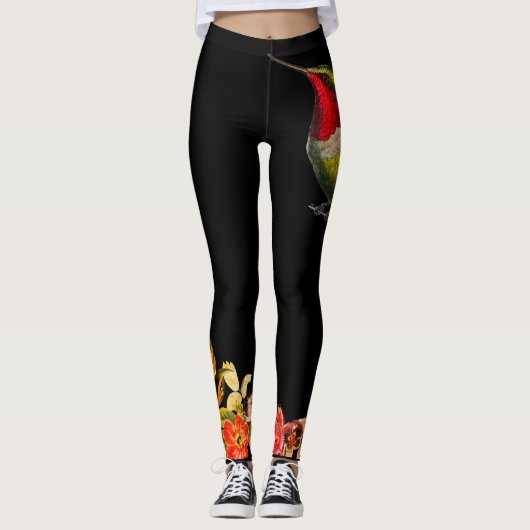 KOLIBRIE EN BLOEMEN ZWARTE CUSTOM LEGGINGS (Voorkant)