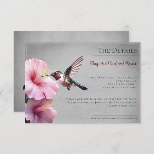 Kolibrie en Hibiscus | Grijze bruiloft Informatiekaartje (Voorkant / Achterkant)