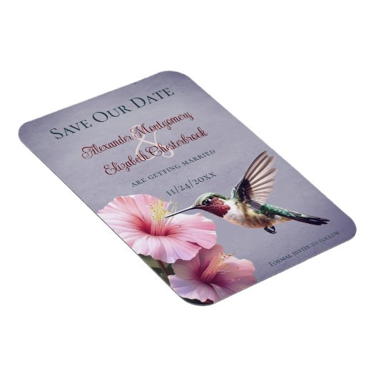 Kolibrie en Hibiscus | Paarse save the date Magneet (Rechterzijde)