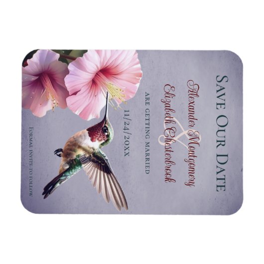 Kolibrie en Hibiscus | Paarse save the date Magneet (Horizontaal)