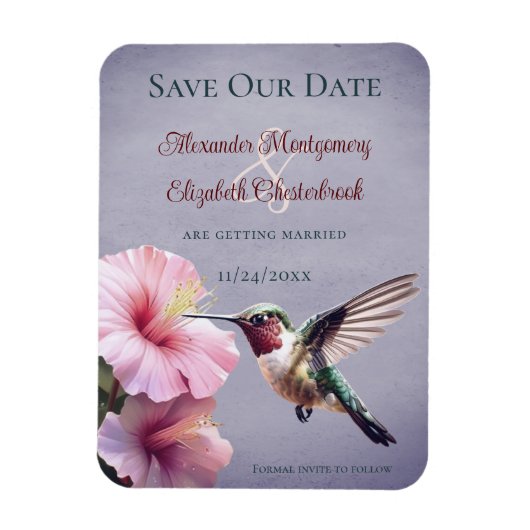 Kolibrie en Hibiscus | Paarse save the date Magneet (Verticaal)