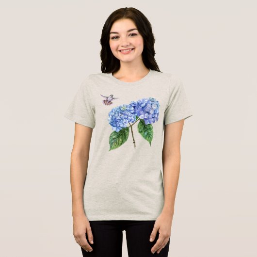 Kolibrie en hortensia Tri-Blend shirt (Voorkant volledig)