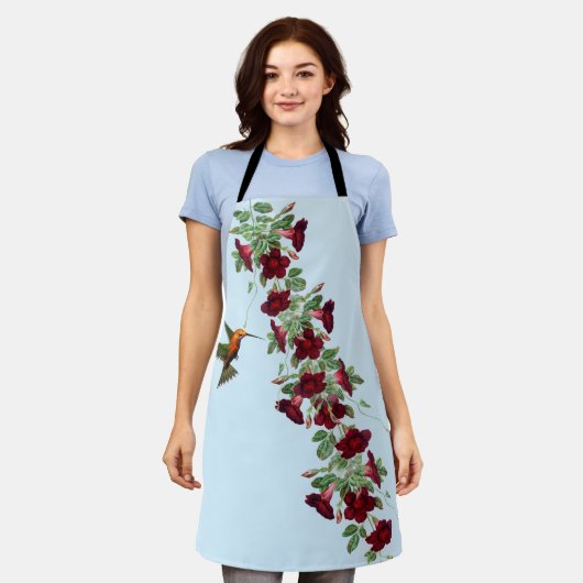 Kolibrie en roodbloeiende wijnstok op blauw schort (Gedragen)