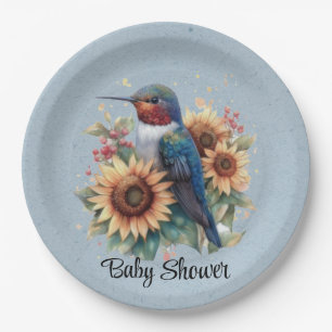 Kolibrie en Zonnebloem Blauw Baby shower Papieren Bordje
