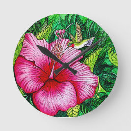 Kolibrie Hibiscus Waterverf schilderij Ronde Klok