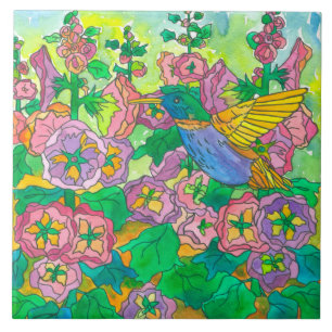 Kolibrie Hollyhocks Roze Tuin Bloemen Tegeltje