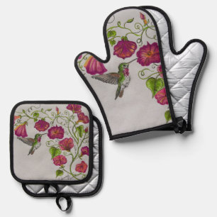 Kolibrie in roze ovenwanten ovenwant & pannenlap set