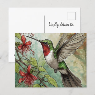 Kolibrie in vlucht met rode trompetwijnstok briefkaart