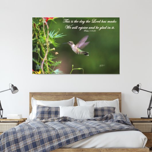 Kolibrie in vlucht Psalm 118:24 Bijbel Verse Canvas Afdruk (Insitu (Slaapkamer))