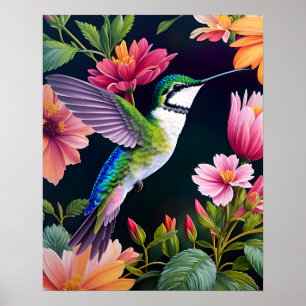 Kolibrie Kleurrijke Bloemen Kunst Poster