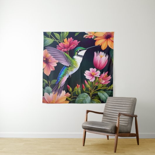 Kolibrie Kleurrijke Bloemen Kunst Wandkleed (In situ)