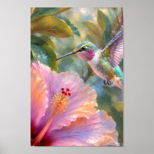 Kolibrie met Hibiscus Aquarel Poster
