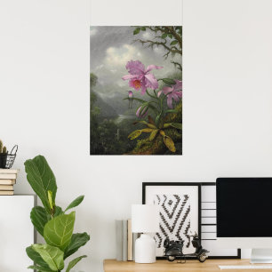 Kolibrie op een Orchidee Plant door MJ Heade Poster