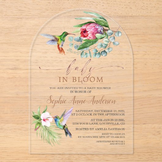 Kolibrie Tropische Bloemen Meisje Baby in Bloei Acryl Uitnodigingen (Voorkant)