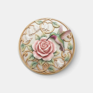 Kolibrie Vintage Victoriaanse Roze Roos Bloemig Magneet