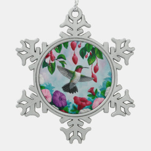 Kolibrie Vliegen In Bloementuin Tin Sneeuwvlok Ornament