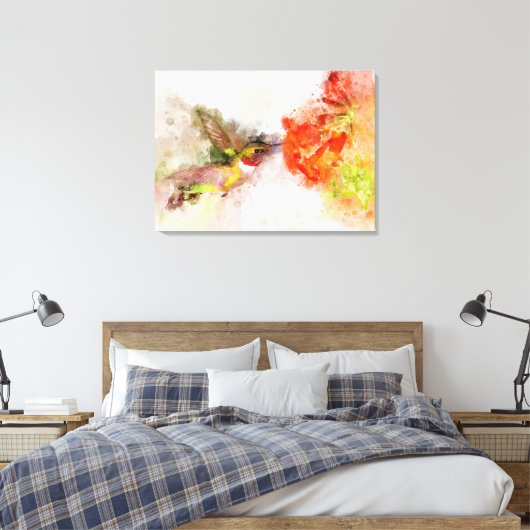 Kolibrie vliegen met bloem Waterverf - 05 Canvas Afdruk (Insitu (Slaapkamer))
