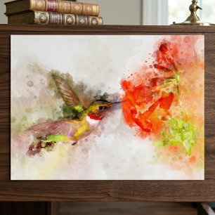Kolibrie vliegen met bloem Waterverf - 05 Poster