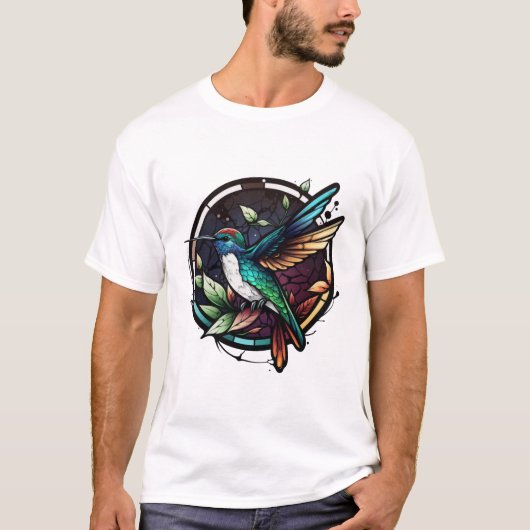 Kolibrie Vogelportret Glas in lood Art T-shirt (Voorkant)