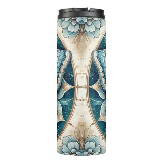 Kolibriemmot Mandala in goud, wit en blauw Thermosbeker (Achterkant)