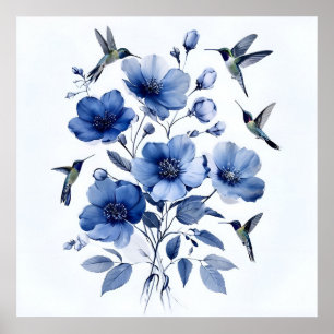 Kolibries Blauw en Wit Elegante Bloemenkunst Poster