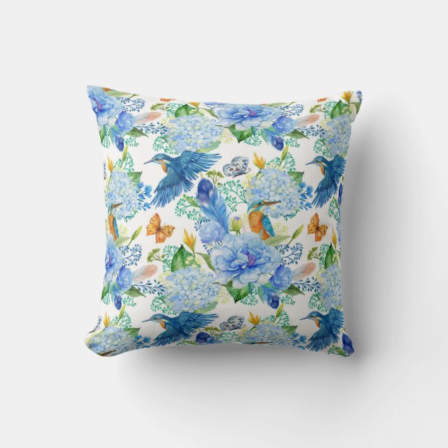 Kolibrie's En Blauwe Hortensia Kussen (Voorkant)
