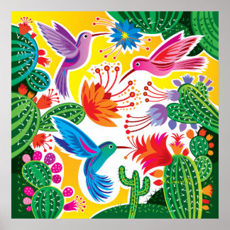 Kolibries en Bloeiende Cactussen Poster