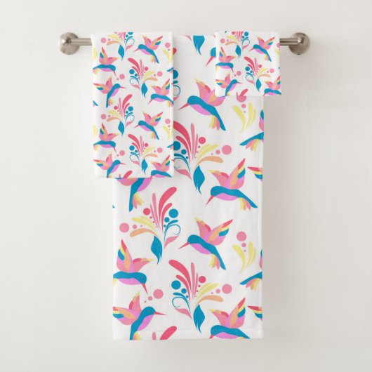 Kolibries Pastel Blauw Roze Vogel Patroon Ontwerp Bad Handdoek (Insitu)