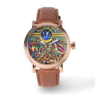 KOLOPENDE VOGELS EN ZWEEKDIEREN BLAUW-MONOGRAM HORLOGE