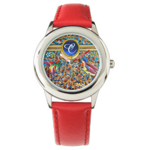 KOLOPENDE VOGELS EN ZWEEKDIEREN BLAUW-MONOGRAM HORLOGE