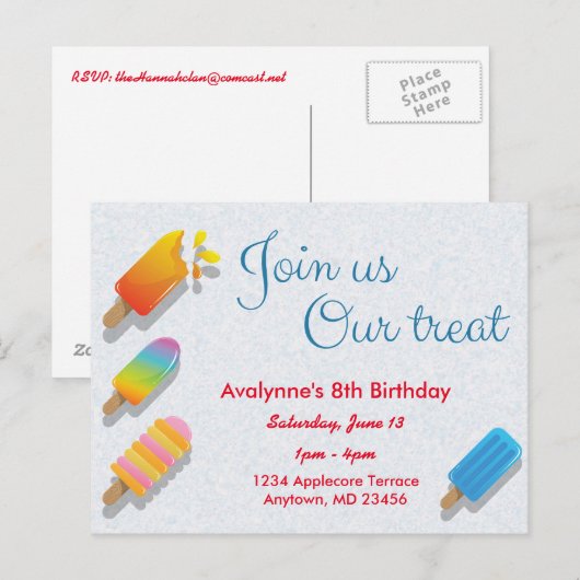 Kom bij ons onze traktatie ijslolly uitnodigingska uitnodiging briefkaart (Voorkant / Achterkant)