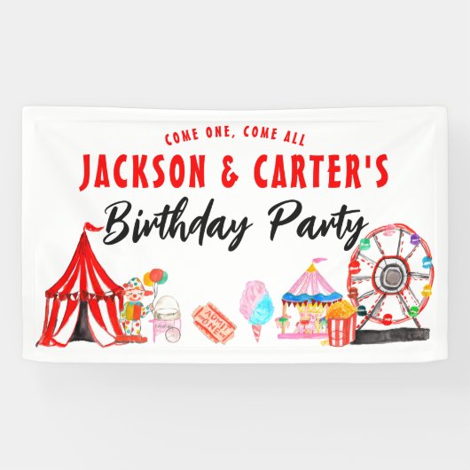 Kom een Alle Carnaval Circus Kinder Joint Birthday Spandoek (Horizontaal)