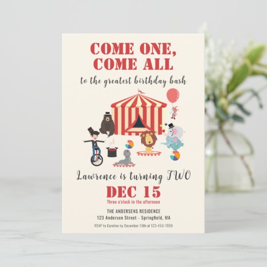 Kom een kom alle moderne circus carnaval verjaarda kaart (Staand voorkant)
