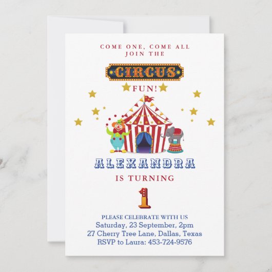 Kom één kom allemaal groot top circus 1e verjaarda kaart (Voorkant)