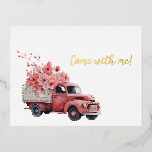 Kom mee met een roze vrachtwagen vol bloemen folie feestdagen briefkaart