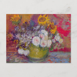 Kom met zonnebloemen en rozen van Vincent van Gogh Briefkaart