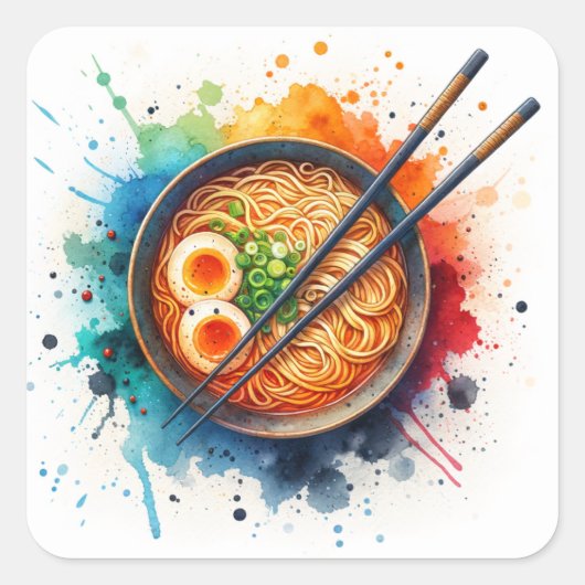 Kom van Ramen Noodles, Ei en Chopsticks Vierkante Sticker (Voorkant)