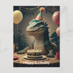 Komodo-draak zit aan tafel met verjaardagstaart briefkaart